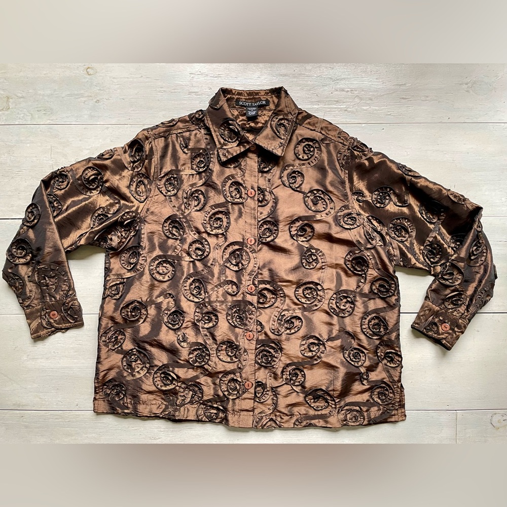 Scott Taylor Glam Embroidered Bronze Metallic Women’s Blouse Threadwork Size 1X